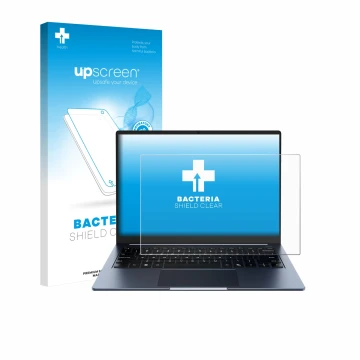 Parte frontal de un envase de producto con el logotipo de la marca upscreen. Al lado se muestra el dispositivo Chuwi CoreBook 