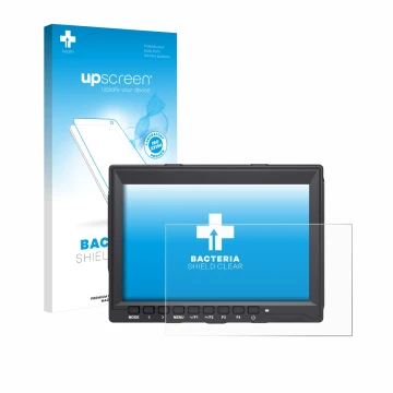 Parte frontal de un envase de producto con el logotipo de la marca upscreen. Al lado se muestra el dispositivo Feelworld FW759