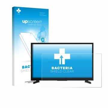 Parte frontal de un envase de producto con el logotipo de la marca upscreen. Al lado se muestra el dispositivo JVC LT-24VRH355