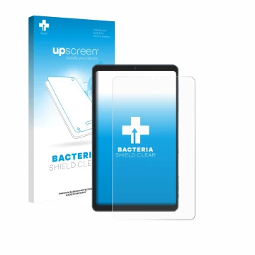 Parte frontal de un envase de producto con el logotipo de la marca upscreen. Al lado se muestra el dispositivo Chuwi AuPad Min