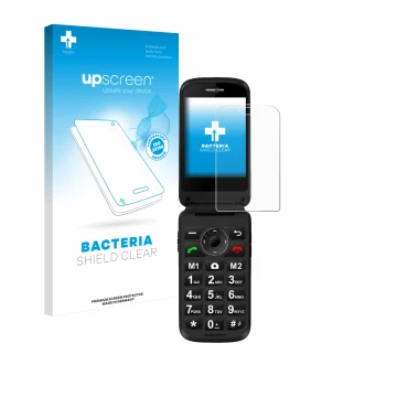 Parte frontal de un envase de producto con el logotipo de la marca upscreen. Al lado se muestra el dispositivo Simvalley Mobil