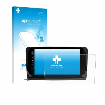 Parte frontal de un envase de producto con el logotipo de la marca upscreen. Al lado se muestra el dispositivo Dynavin D9-DF43