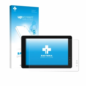 Parte frontal de un envase de producto con el logotipo de la marca upscreen. Al lado se muestra el dispositivo Lilliput 719/T 