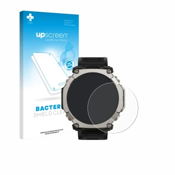 Parte frontal de un envase de producto con el logotipo de la marca upscreen. Al lado se muestra el dispositivo Huami Amazfit T