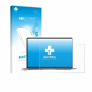 Parte frontal de un envase de producto con el logotipo de la marca upscreen. Al lado se muestra el dispositivo Geekom GeekBook