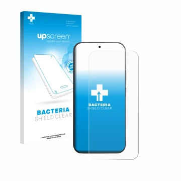 Parte frontal de un envase de producto con el logotipo de la marca upscreen. Al lado se muestra el dispositivo Vivo V70 con su