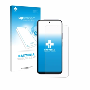 Parte frontal de un envase de producto con el logotipo de la marca upscreen. Al lado se muestra el dispositivo Oppo A6x 4G con
