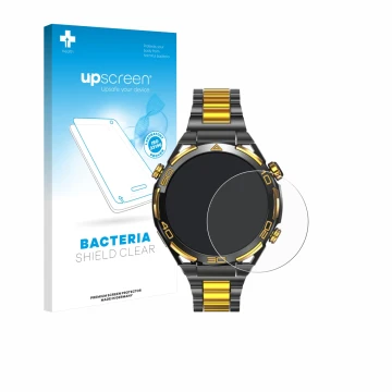 Parte frontal de un envase de producto con el logotipo de la marca upscreen. Al lado se muestra el dispositivo Blackview W90 P