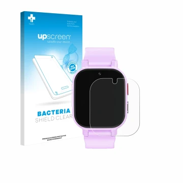 Parte frontal de un envase de producto con el logotipo de la marca upscreen. Al lado se muestra el dispositivo Alutoria Kids S