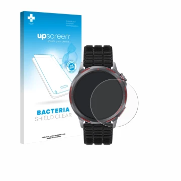 Parte frontal de un envase de producto con el logotipo de la marca upscreen. Al lado se muestra el dispositivo Huawei Watch GT
