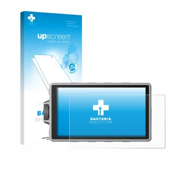 Parte frontal de un envase de producto con el logotipo de la marca upscreen. Al lado se muestra el dispositivo DJI Ronin 4D co