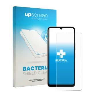 Parte frontal de un envase de producto con el logotipo de la marca upscreen. Al lado se muestra el dispositivo Vivo Y11 2026 c