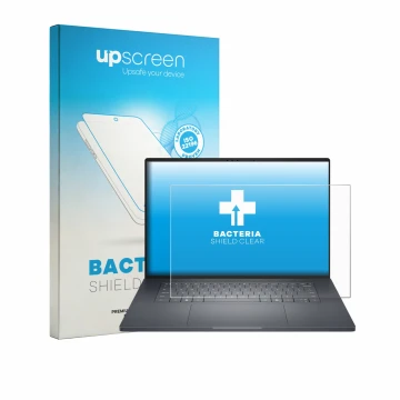 Parte frontal de un envase de producto con el logotipo de la marca upscreen. Al lado se muestra el dispositivo Dell Pro Precis