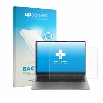 Parte frontal de un envase de producto con el logotipo de la marca upscreen. Al lado se muestra el dispositivo HP 200 G2a 16