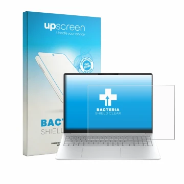 Parte frontal de un envase de producto con el logotipo de la marca upscreen. Al lado se muestra el dispositivo HP OmniBook 3 1