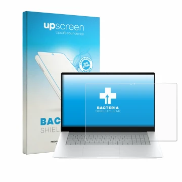Parte frontal de un envase de producto con el logotipo de la marca upscreen. Al lado se muestra el dispositivo HP OmniBook X 1