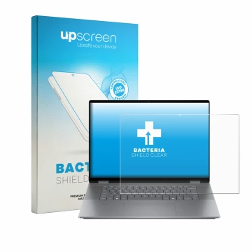 Parte frontal de un envase de producto con el logotipo de la marca upscreen. Al lado se muestra el dispositivo HP OmniBook X F