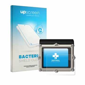 Parte frontal de un envase de producto con el logotipo de la marca upscreen. Al lado se muestra el dispositivo Shearwater Petr