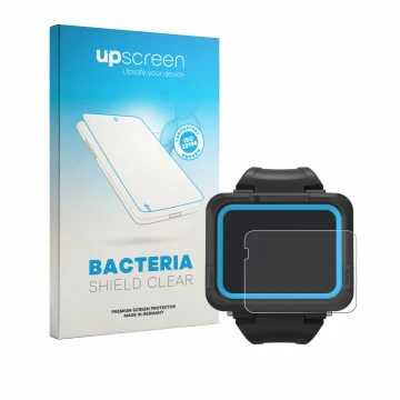 Parte frontal de un envase de producto con el logotipo de la marca upscreen. Al lado se muestra el dispositivo Shearwater PERE