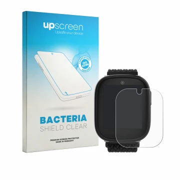 Parte frontal de un envase de producto con el logotipo de la marca upscreen. Al lado se muestra el dispositivo Xplora X6 Play 