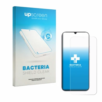 Parte frontal de un envase de producto con el logotipo de la marca upscreen. Al lado se muestra el dispositivo realme C100i co
