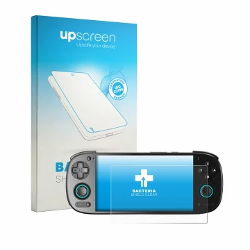 Parte frontal de un envase de producto con el logotipo de la marca upscreen. Al lado se muestra el dispositivo Retroid Pocket 