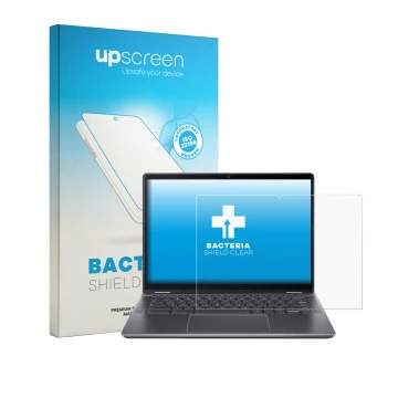 Parte frontal de un envase de producto con el logotipo de la marca upscreen. Al lado se muestra el dispositivo Acer Chromebook
