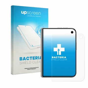 Parte frontal de un envase de producto con el logotipo de la marca upscreen. Al lado se muestra el dispositivo Apple iPhone Du