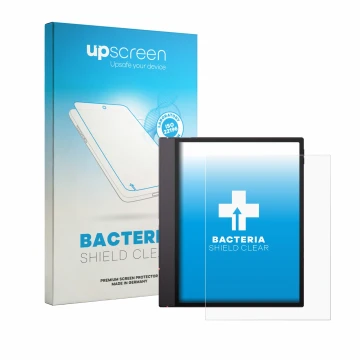 Parte frontal de un envase de producto con el logotipo de la marca upscreen. Al lado se muestra el dispositivo Boox Note Air 6