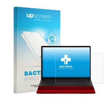 Parte frontal de un envase de producto con el logotipo de la marca upscreen. Al lado se muestra el dispositivo HP Scuderia Fer