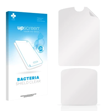 Parte frontal de un envase de producto con el logotipo de la marca upscreen. Al lado está el protector de pantalla correspondi