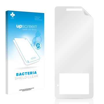Parte frontal de un envase de producto con el logotipo de la marca upscreen. Al lado está el protector de pantalla correspondi