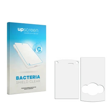 Parte frontal de un envase de producto con el logotipo de la marca upscreen. Al lado está el protector de pantalla correspondi