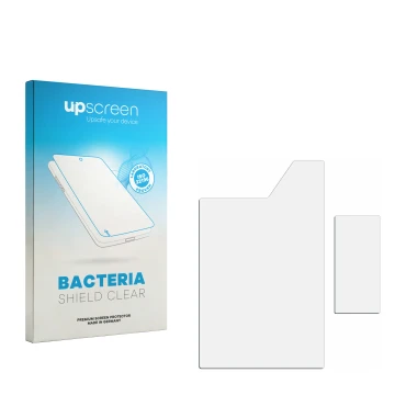 Parte frontal de un envase de producto con el logotipo de la marca upscreen. Al lado está el protector de pantalla correspondi