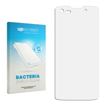 Parte frontal de un envase de producto con el logotipo de la marca upscreen. Al lado está el protector de pantalla correspondi