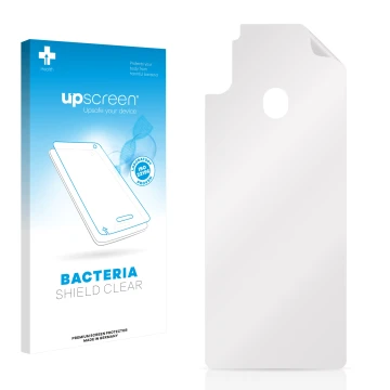Parte frontal de un envase de producto con el logotipo de la marca upscreen. Al lado está el protector de pantalla correspondi