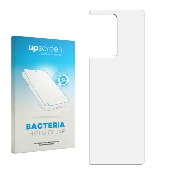 Parte frontal de un envase de producto con el logotipo de la marca upscreen. Al lado está el protector de pantalla correspondi