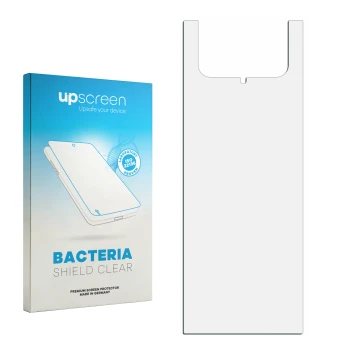 Parte frontal de un envase de producto con el logotipo de la marca upscreen. Al lado está el protector de pantalla correspondi