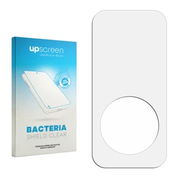 Parte frontal de un envase de producto con el logotipo de la marca upscreen. Al lado está el protector de pantalla correspondi