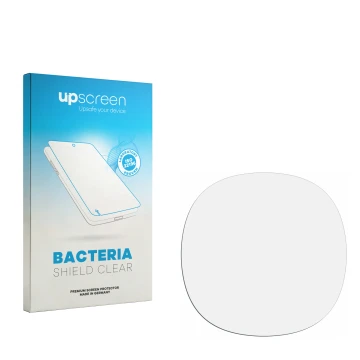 Parte frontal de un envase de producto con el logotipo de la marca upscreen. Al lado está el protector de pantalla correspondi