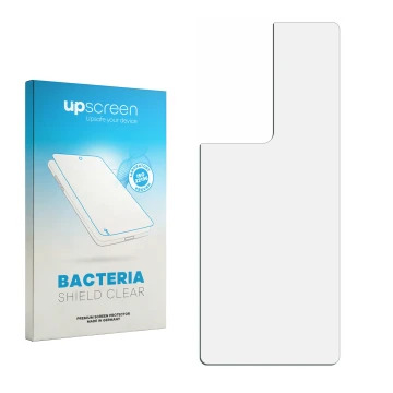 Parte frontal de un envase de producto con el logotipo de la marca upscreen. Al lado está el protector de pantalla correspondi
