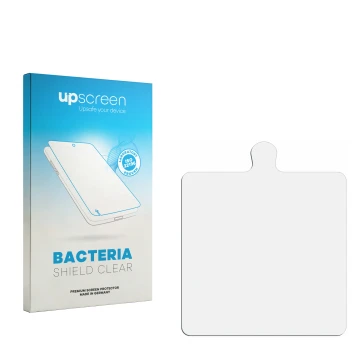 Parte frontal de un envase de producto con el logotipo de la marca upscreen. Al lado está el protector de pantalla correspondi