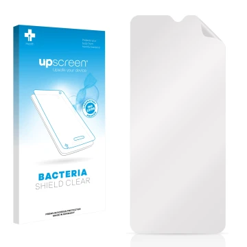 Parte frontal de un envase de producto con el logotipo de la marca upscreen. Al lado está el protector de pantalla correspondi