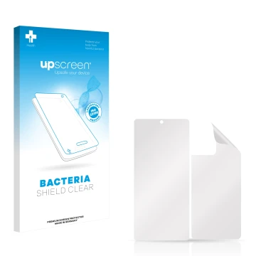 Parte frontal de un envase de producto con el logotipo de la marca upscreen. Al lado está el protector de pantalla correspondi