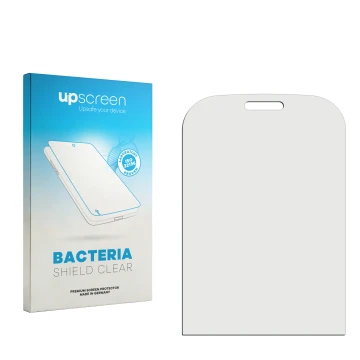 Parte frontal de un envase de producto con el logotipo de la marca upscreen. Al lado está el protector de pantalla correspondi