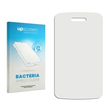 Parte frontal de un envase de producto con el logotipo de la marca upscreen. Al lado está el protector de pantalla correspondi