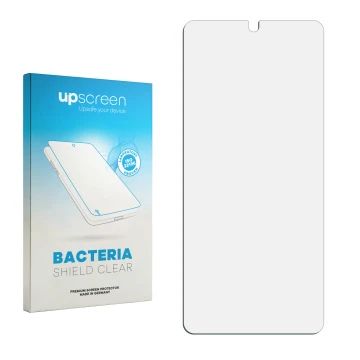 Parte frontal de un envase de producto con el logotipo de la marca upscreen. Al lado está el protector de pantalla correspondi
