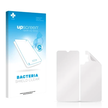 Parte frontal de un envase de producto con el logotipo de la marca upscreen. Al lado está el protector de pantalla correspondi