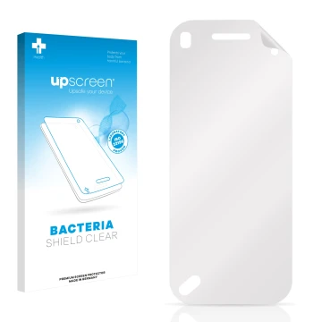 Parte frontal de un envase de producto con el logotipo de la marca upscreen. Al lado está el protector de pantalla correspondi