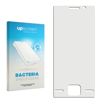 Parte frontal de un envase de producto con el logotipo de la marca upscreen. Al lado está el protector de pantalla correspondi